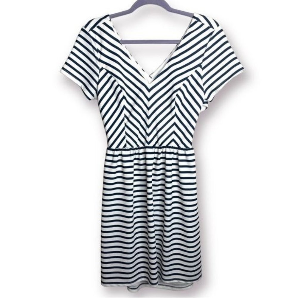 Alya Junior Large Navy Blue White Criss Cross Back Beachy Coastal Nautical Dress
